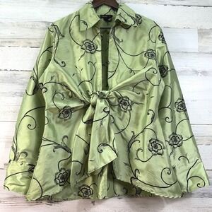 Jerry T Womens XXL Sage Green‎ Black Floral Embroidered Front Tie Blouse Top